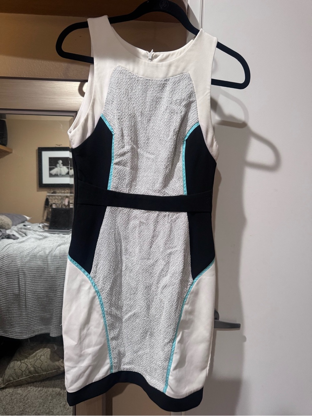 Sleeveless Colorblock Sheath Dress in White, Black & Teal Trim